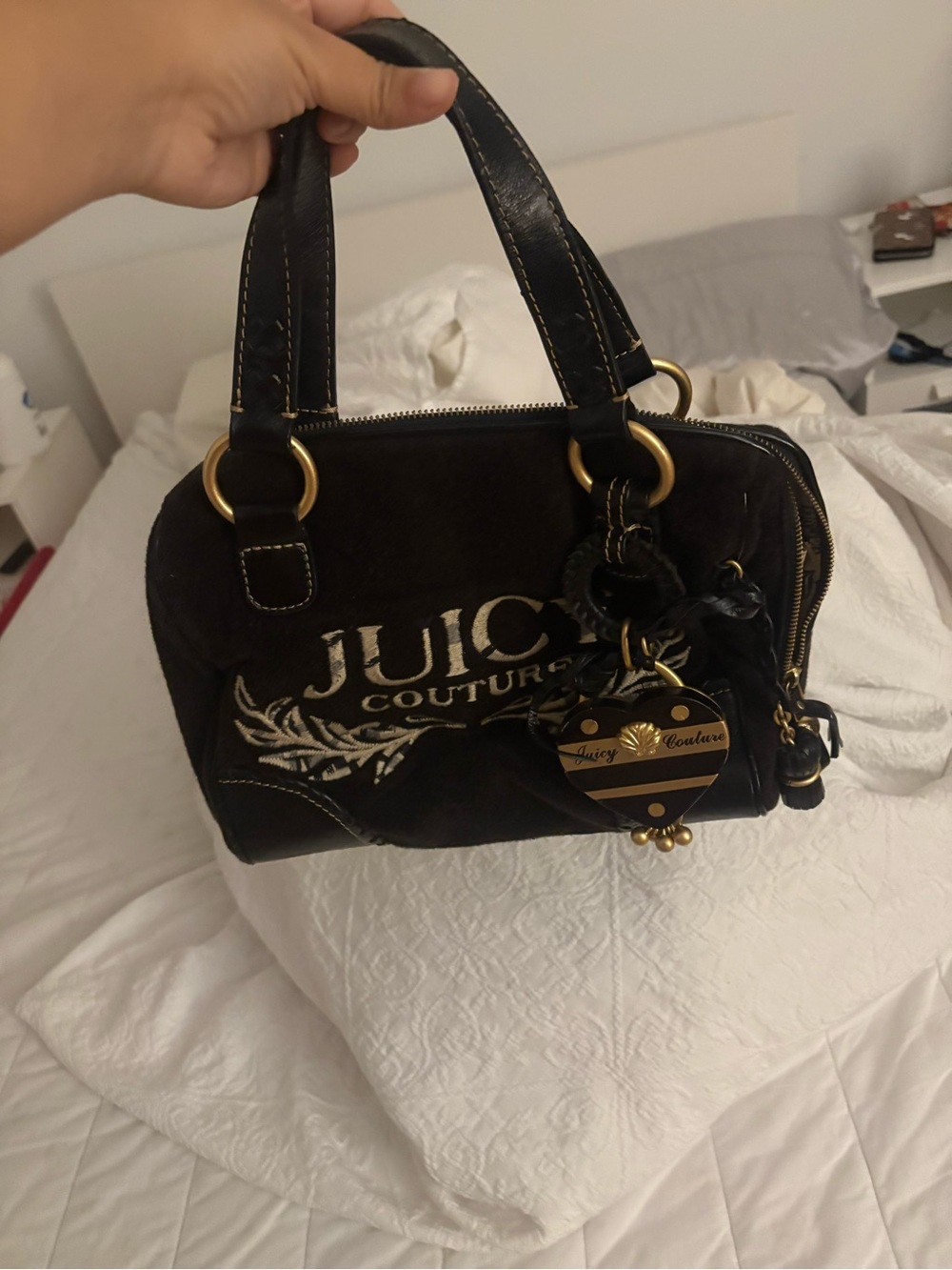 Juicy Couture Black Suede Logo Satchel with Gold Hardware and Heart Charm